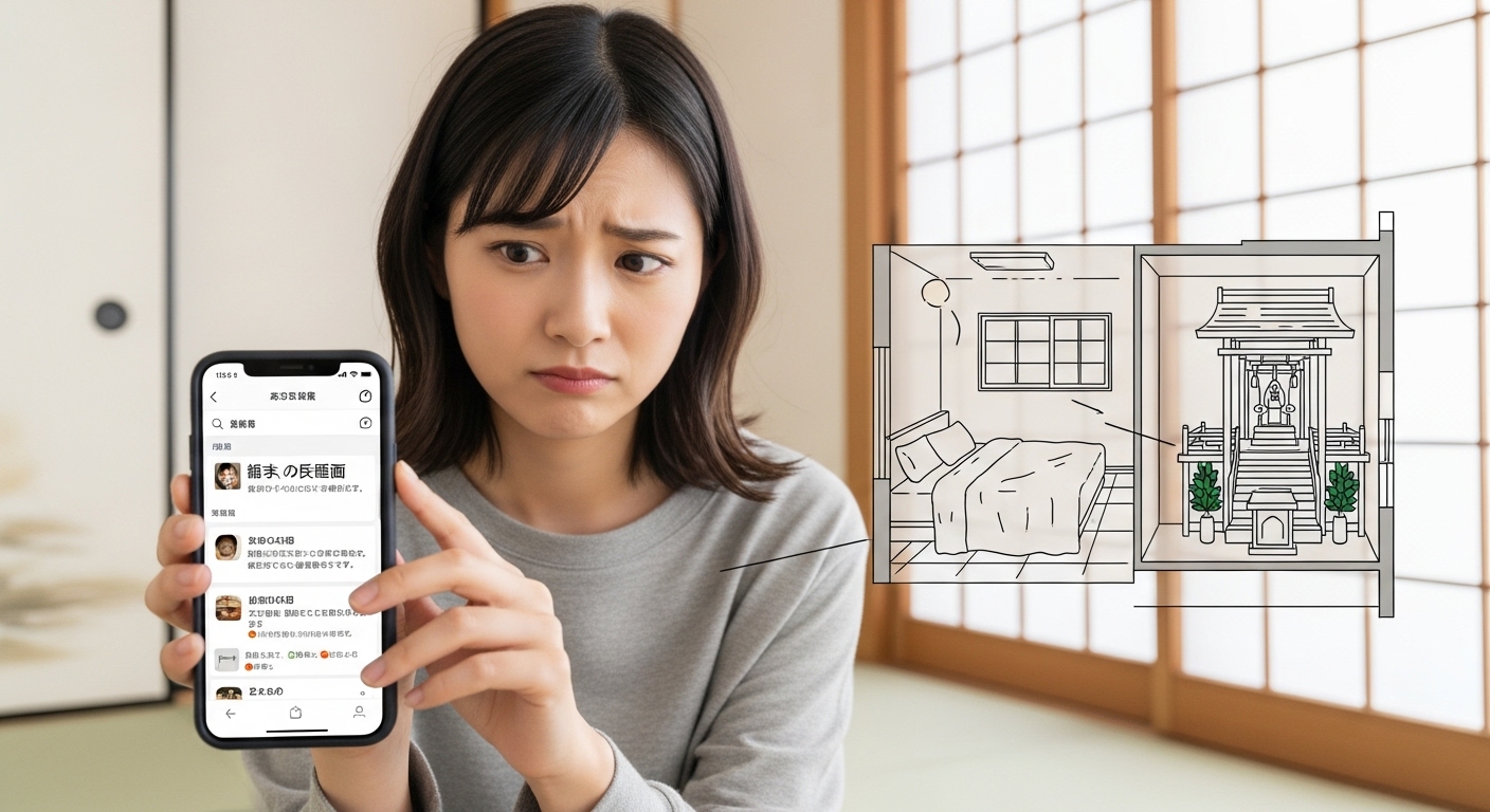 若い日本人女性が、部屋のレイアウトを考えながらスマートフォンで「神社 足を向けて寝る」と検索して、少し困った表情をしている様子。親しみやすいイラスト調