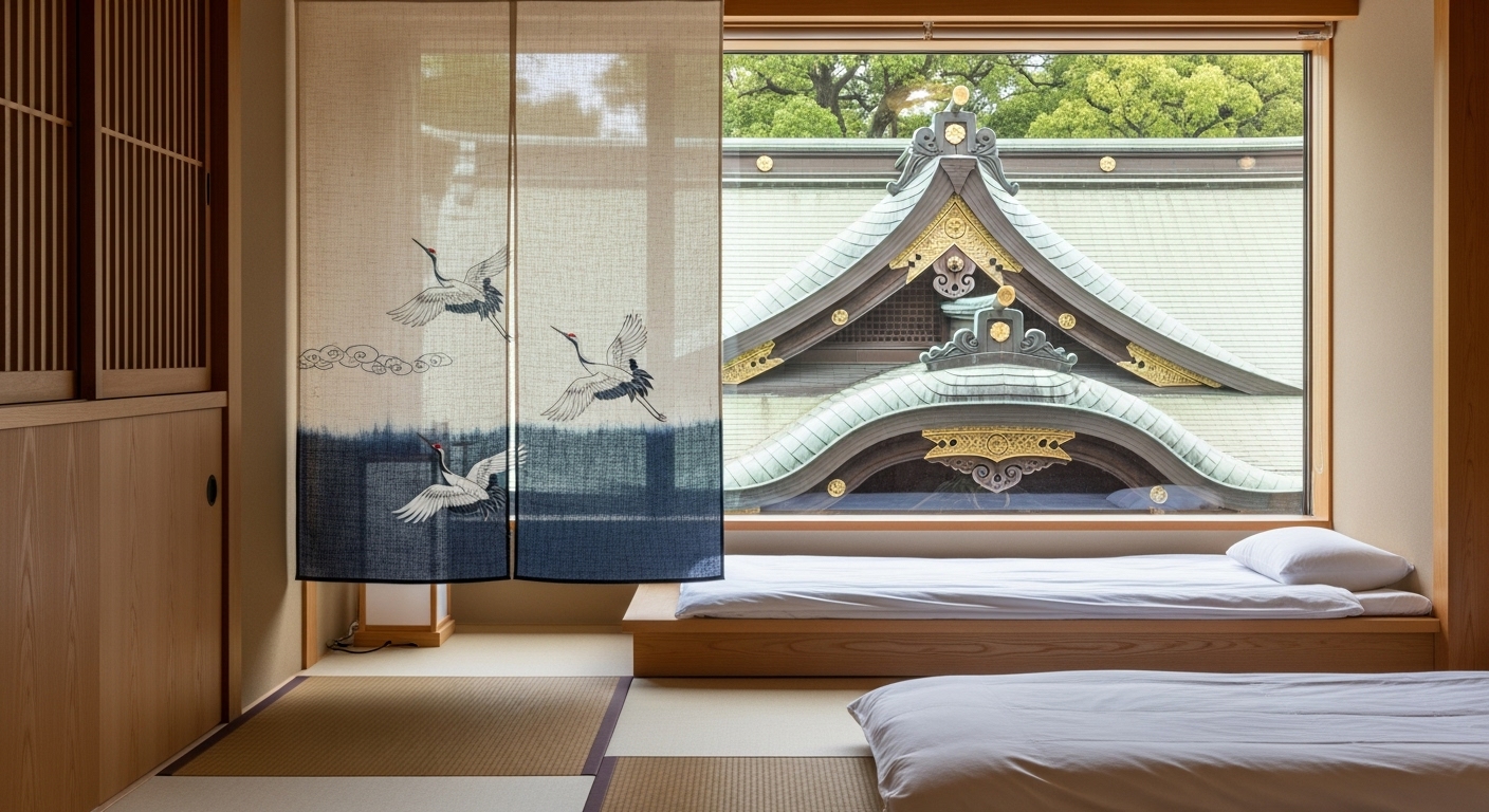 アパートの一室。窓の外に神社の屋根が見えている。ベッドと窓の間に、おしゃれなデザインの「のれん」が吊るされ、空間を優しく仕切っている様子が分かるイラスト