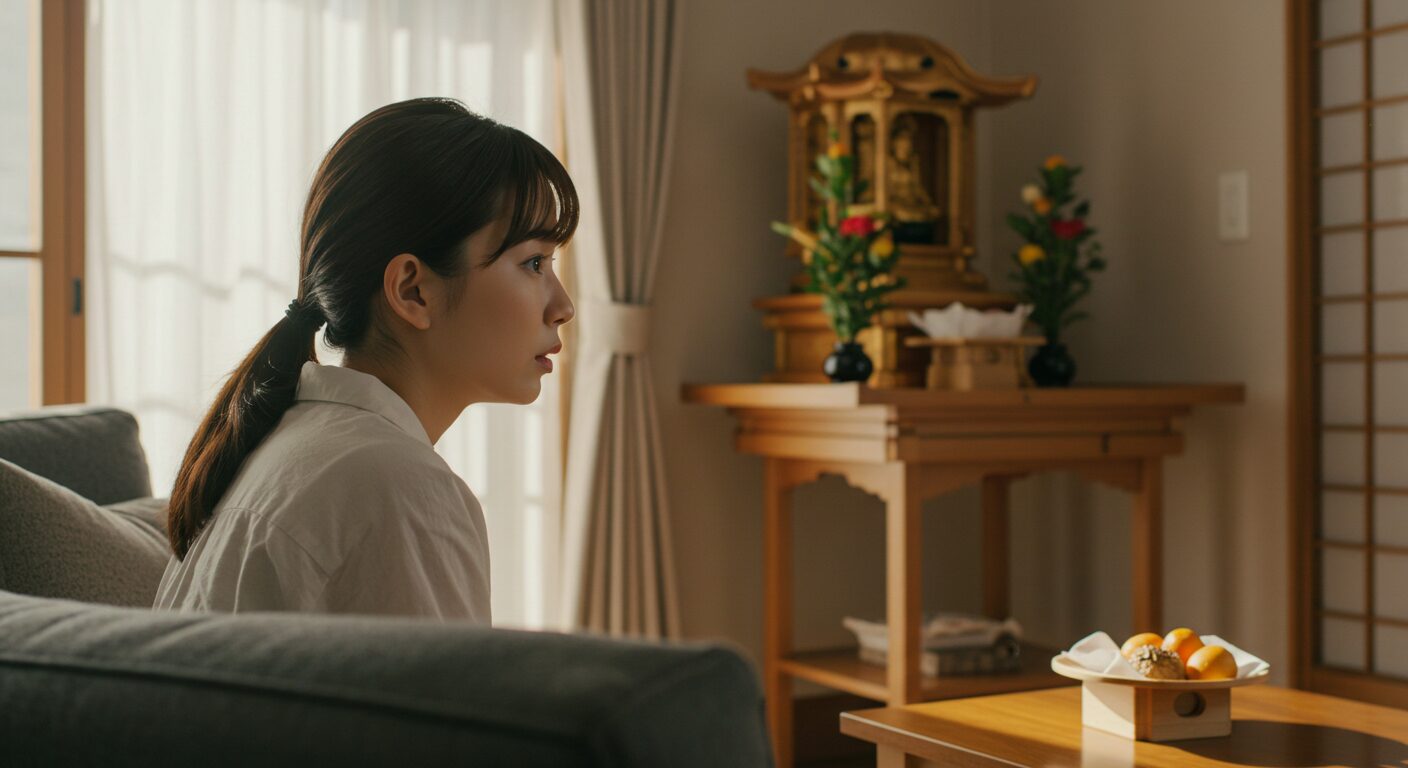 神棚のあるリビングで、ソファに座った日本人女性が「あっ」という表情で神棚を振り返っている。少し不安そうな、でも美しい横顔。自然光が差し込む明るい部屋。