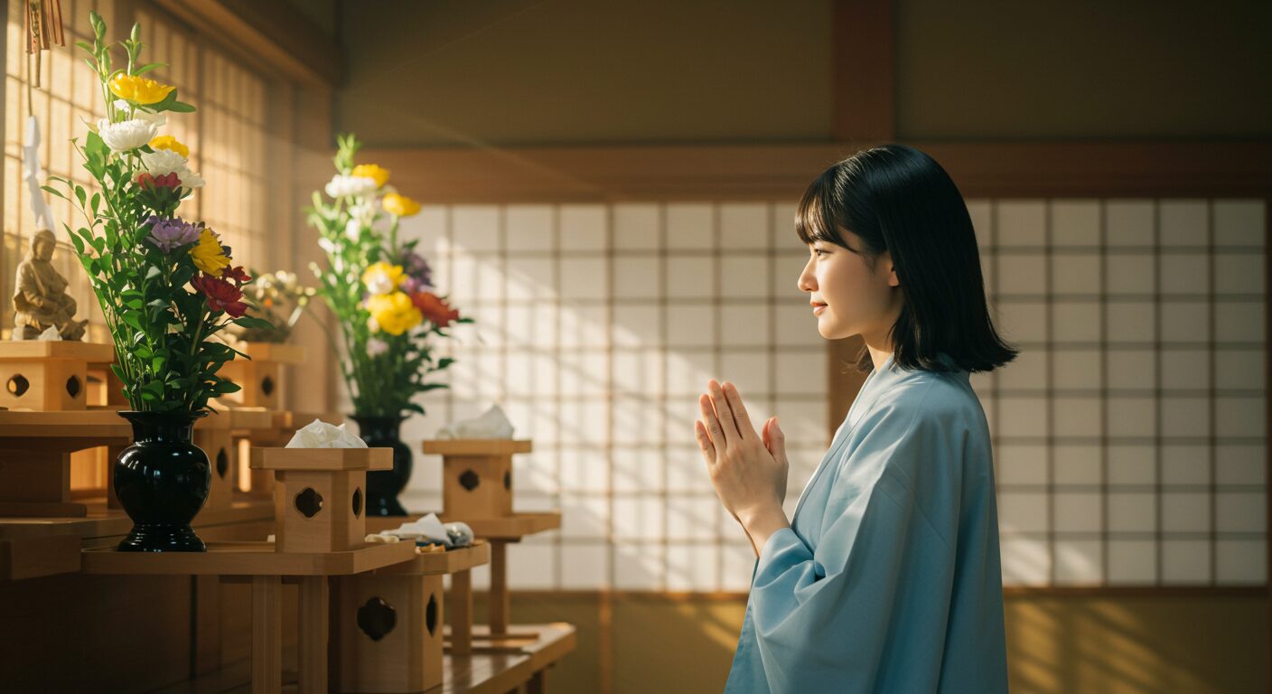 朝の光が差し込む部屋で、穏やかな表情で静かに神棚に手を合わせる日本人女性。清々しく、満たされた気持ちが伝わってくる。
