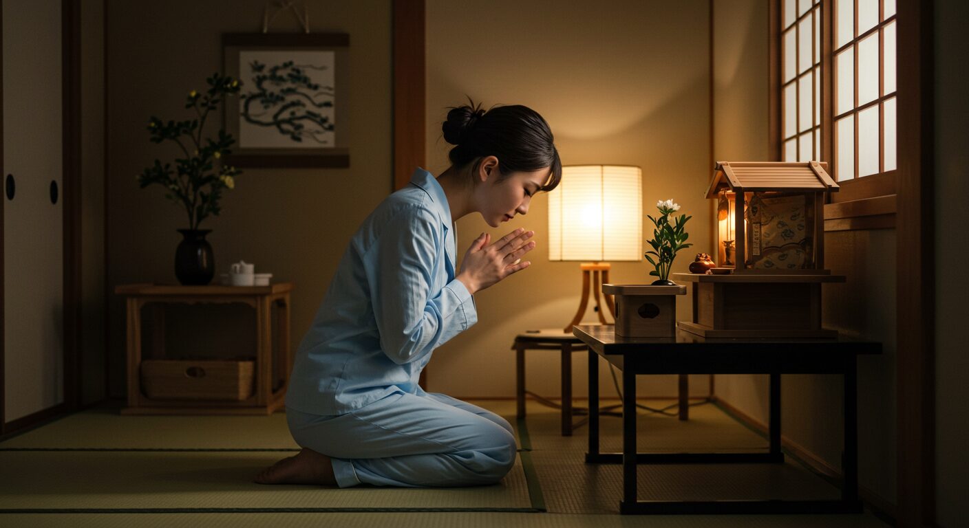寝る前にご先祖様へ感謝を伝える若い女性