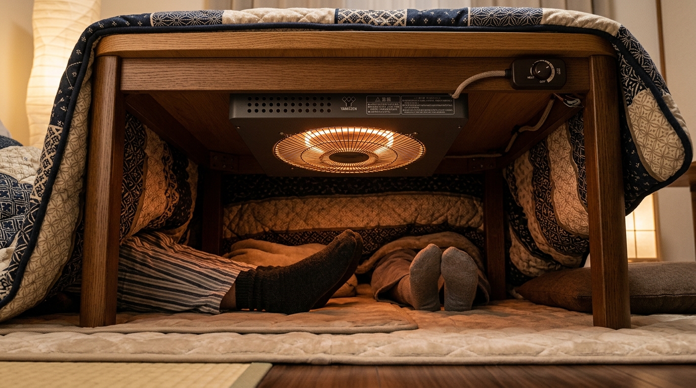 こたつテーブルの裏側に取り付けられたフラットヒーターの構造イメージ。熱が均一に広がる様子を表現。