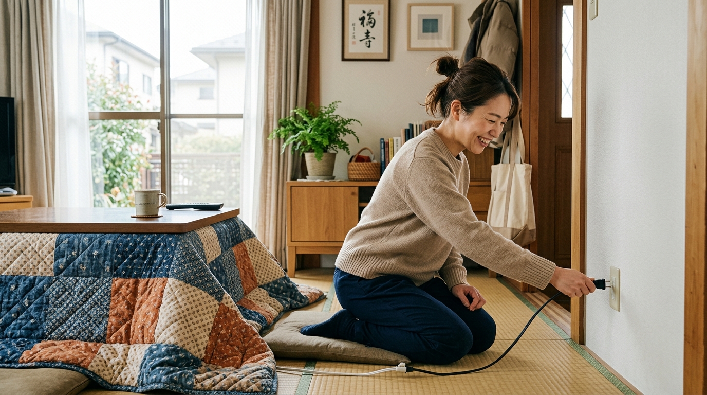 外出前にこたつのプラグを抜き、安全を確認して微笑む日本人女性の様子。