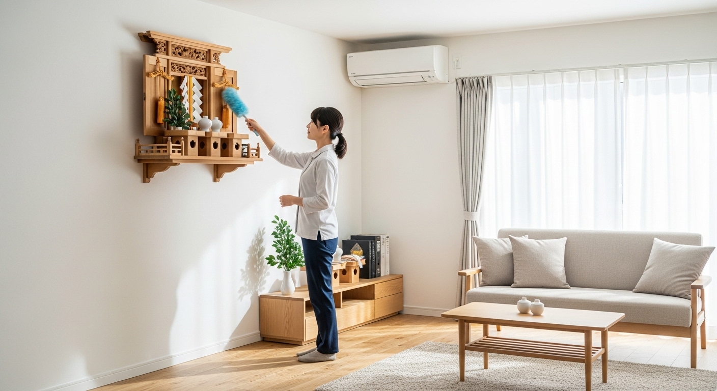 明るくモダンな和風リビング。白い壁に木製の神棚が置かれ、その横には白いエアコンが設置されています（近すぎず、同じフレーム内に）。30代の日本人女性が、神棚をはたきで丁寧に掃除しています。柔らかな光と清潔な雰囲気が印象的です。高画質で細部までこだわった作品です。