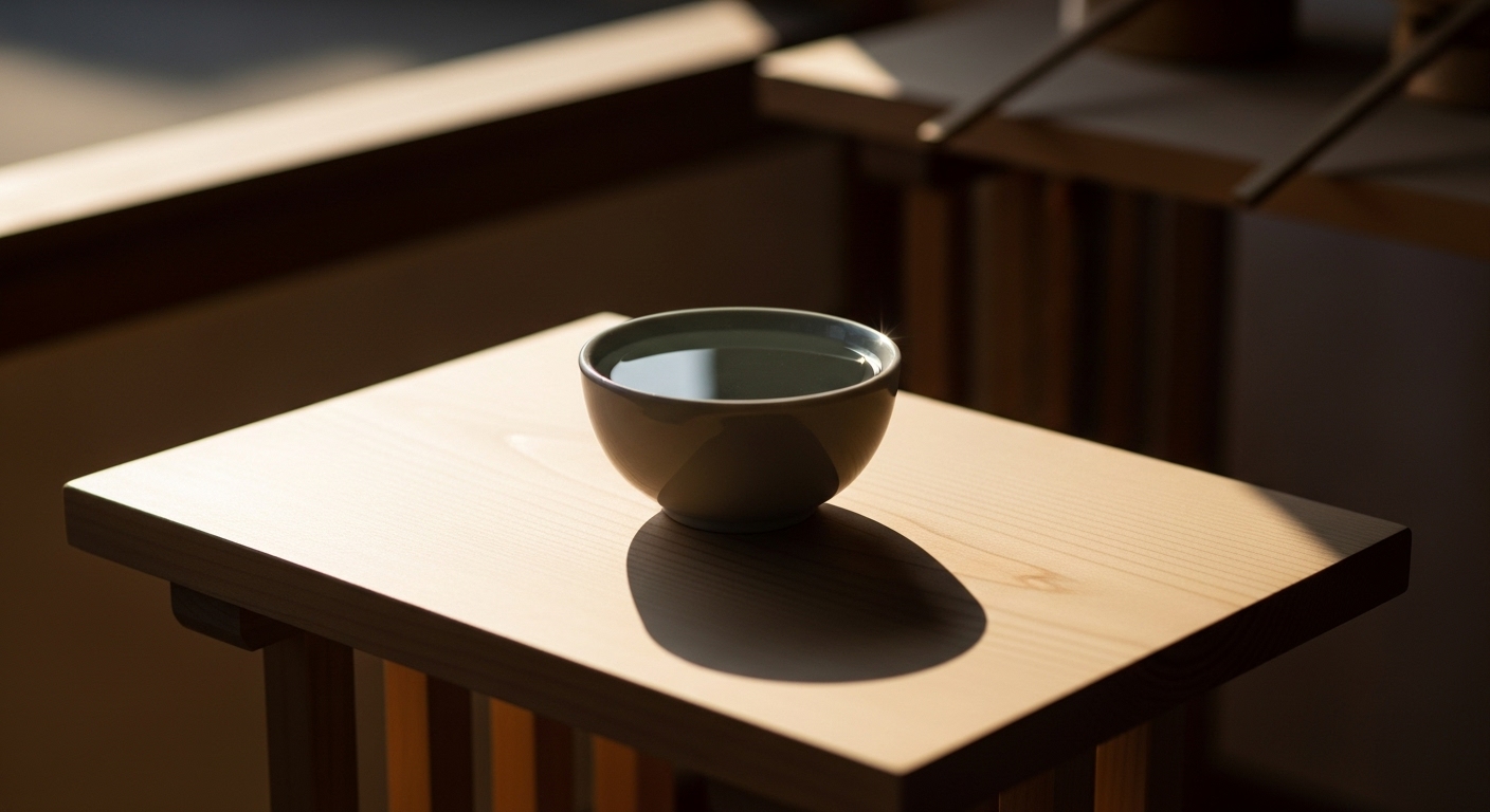 清潔な白木の神棚に朝日が柔らかく差し込んでいる。神棚の中央には、瑞々しい水が満たされた美しい水器が一つだけ置かれている。静かで神聖、そしてミニマルな美しさを感じさせる高品質な写真。