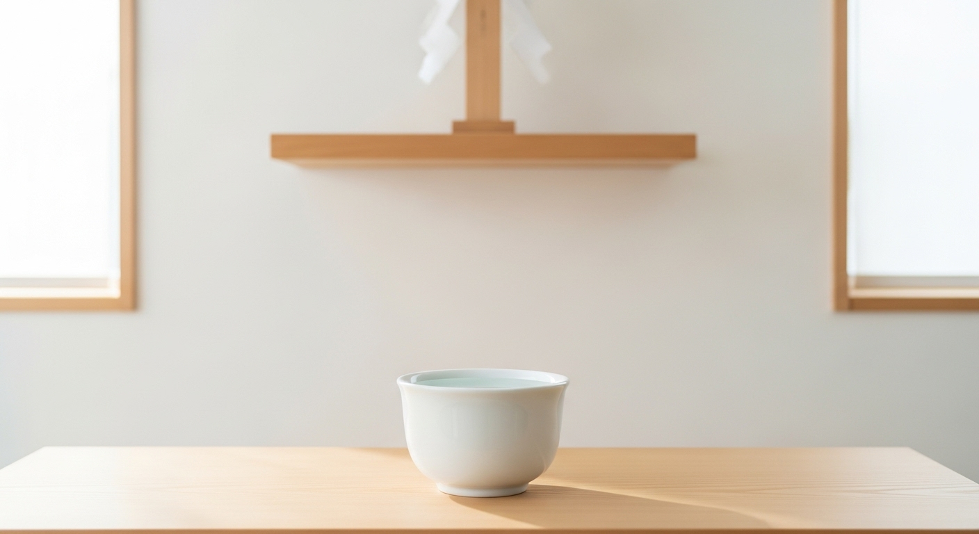 横長(16:9)、最高品質、フォトリアル。朝の柔らかい光が差し込む、明るく清潔な和室。壁にはモダンでシンプルなデザインの白木で作られた神棚が設置されている。神棚の中央には、透き通った水がなみなみと注がれた美しい白磁の水器（すいき）が一つだけ、凛として置かれている。背景は少しぼかし、水器の瑞々しさと神聖な空気に焦点が合っている。ミニマルで、穏やかな祈りの時間を感じさせる雰囲気。