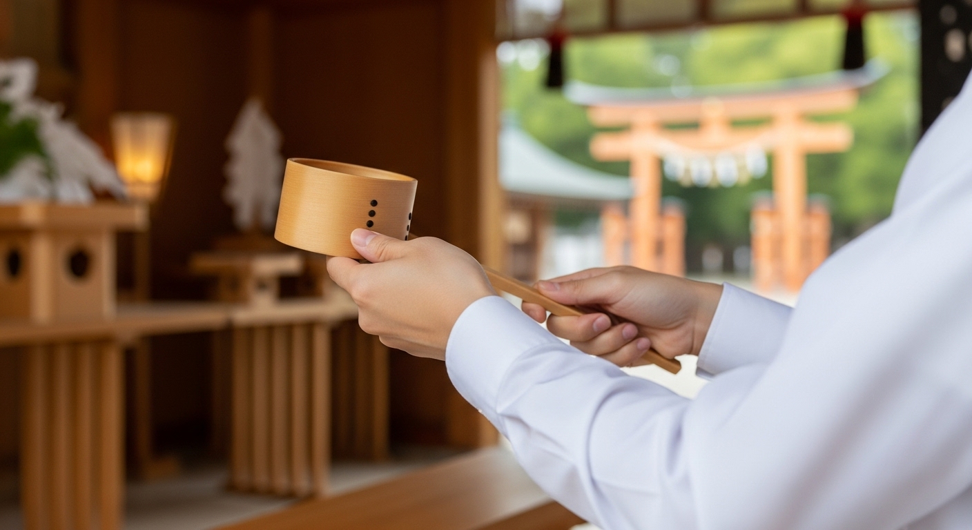 清潔な白いシャツを着た人物が、神棚の前で恭しく水器を両手で持っている。手元にフォーカスが合っており、丁寧な動作が伝わる。背景は少しぼかし、神聖な雰囲気を強調。