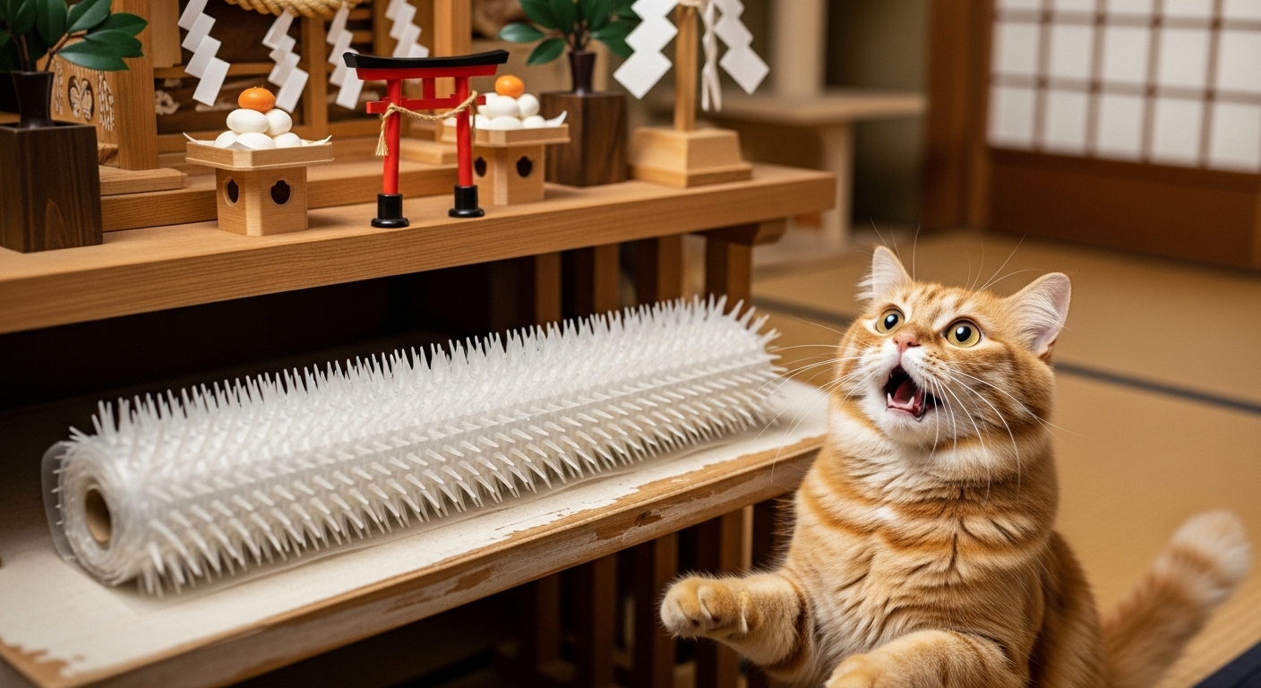 神棚の下にある棚の上に、猫よけのトゲトゲマットが敷いてあり、猫が「げっ、ここは通れない」という顔をして見上げているコミカルな図