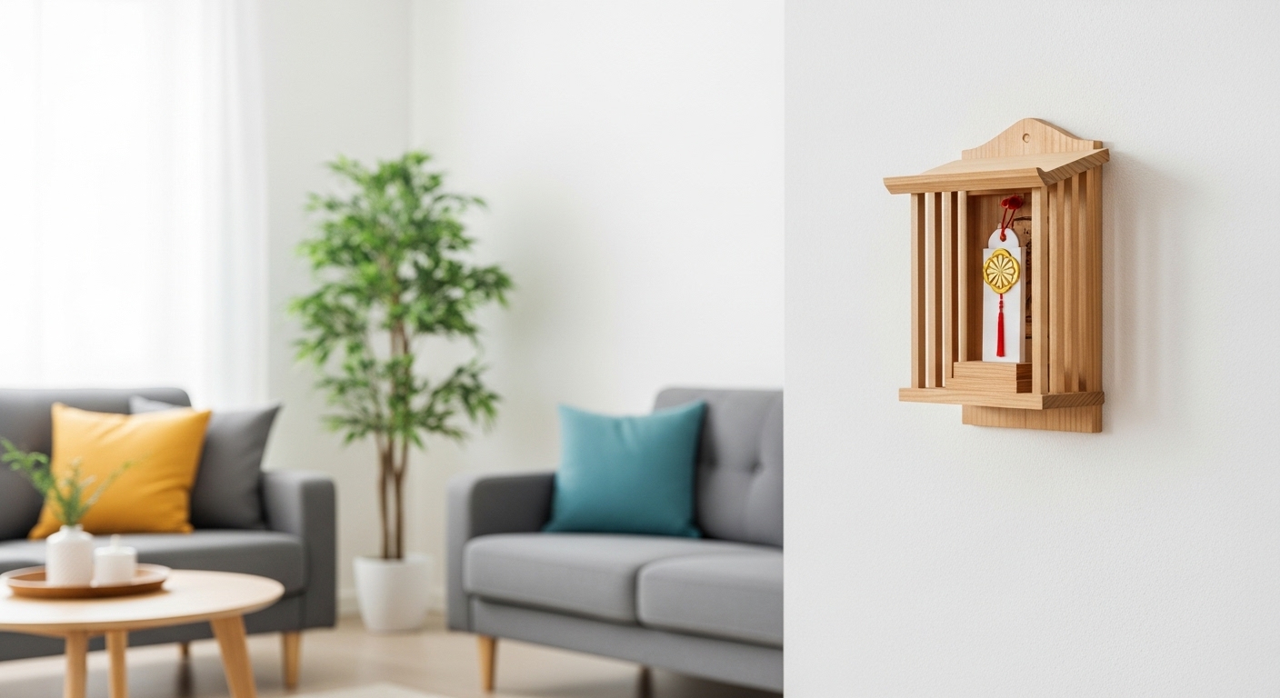 明るくおしゃれな雰囲気のモダンなリビング。壁に取り付けられたシンプルでスタイリッシュな木製の「お札立て」に、一枚の神社のお札が丁寧に祀られている。近くには小さな観葉植物が置かれ、神聖でありながらも現代のライフスタイルに溶け込んでいる様子を表現。特定の人物は描かず、その空間の清々しさとポジティブな雰囲気を強調する。