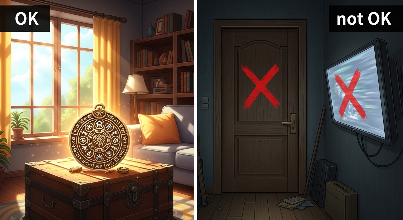 OKな場所とNGな場所を分かりやすく対比させたイラスト。OK例として明るいリビングのチェストの上にお札が祀られている様子、NG例としてドアの上やテレビの上にバツ印が付いている様子