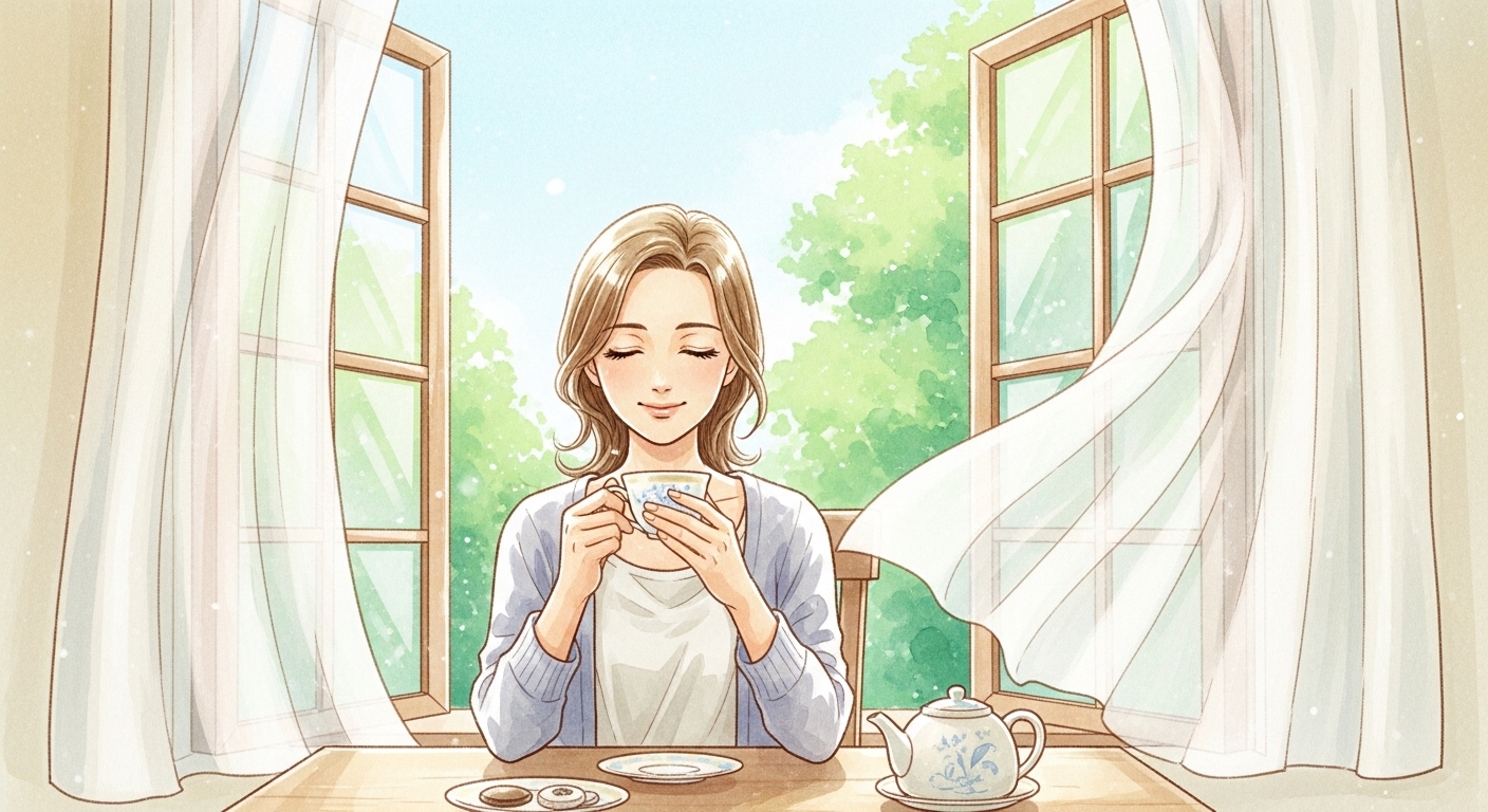 窓を開け放ち、爽やかな風が吹き抜ける部屋で、お茶を飲みながら穏やかに微笑む女性のイラスト。肩の荷が下りたような明るい雰囲気