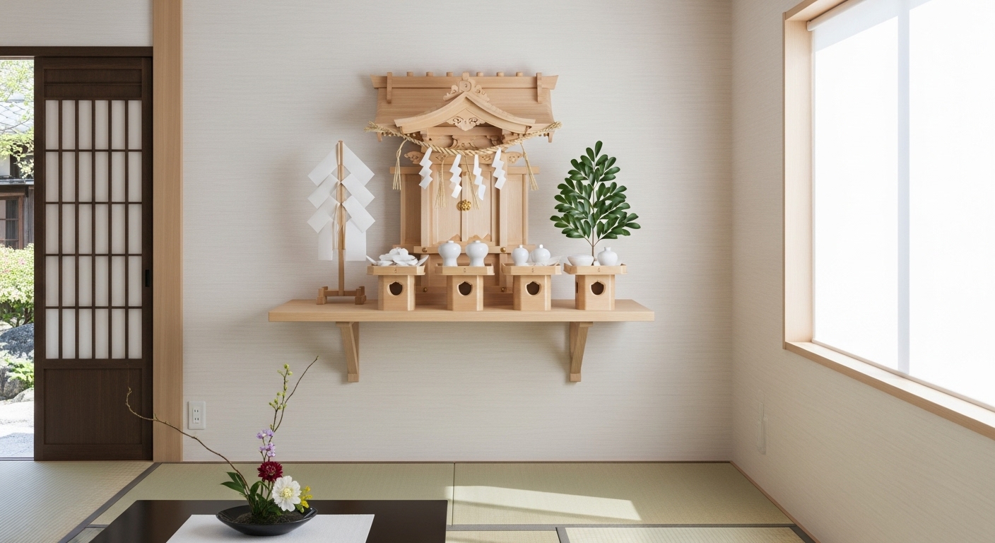 清潔な和室に設置された神棚の正しい設置例。人の目線よりも高く、明るく静かな場所に置かれている様子