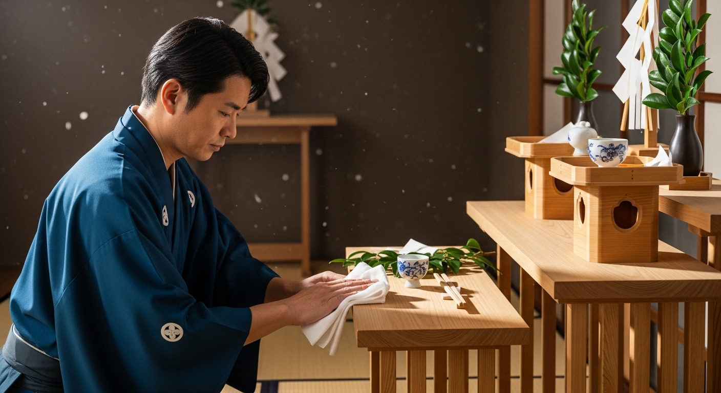 日本人の男性が、清潔な白い布で檜の美しい神棚を丁寧に拭き清めている様子。これから神様をお迎えするという、少し神聖で清々しい気持ちが伝わるイラスト