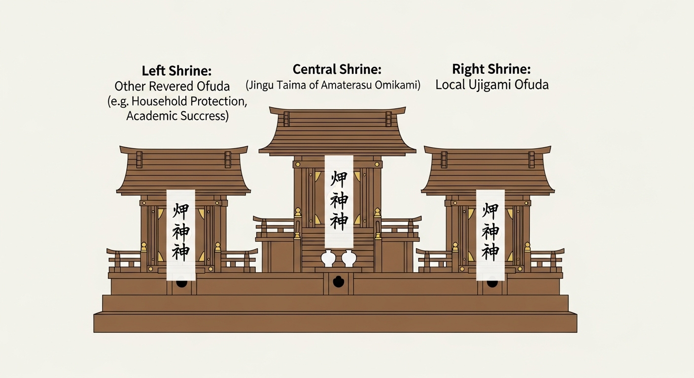 三社造りの神棚の正面図。中央、右、左にそれぞれどのお札を祀るのかが分かりやすく示された、シンプルな解説イラスト