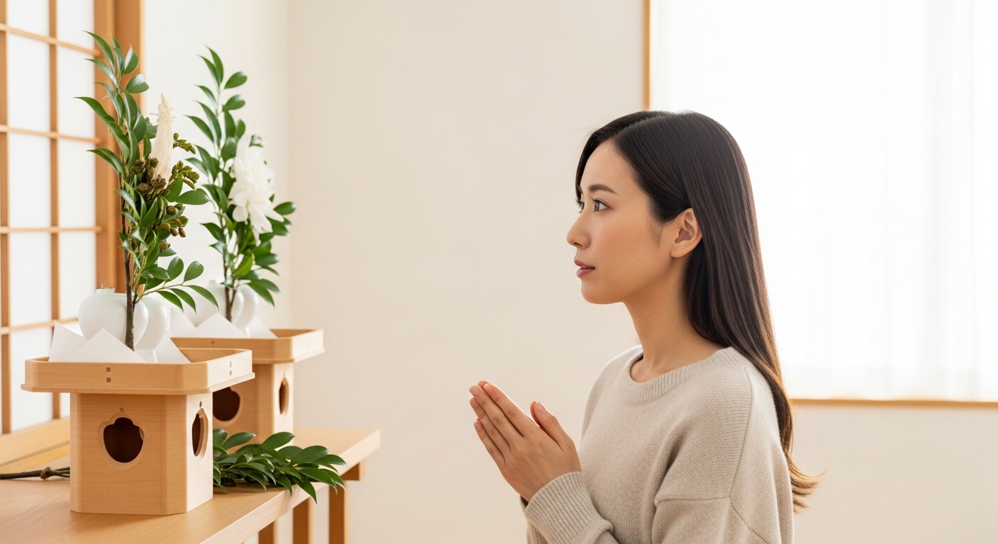 清潔で明るい和室の神棚の前で、30代の美しい日本人女性が、少しだけ心配そうに、でもどこか希望も感じさせるような穏やかな表情で、神棚に飾られた榊（さかき）を見つめている。向かって左側の榊だけが少ししおれているのが分かる。窓から柔らかい朝の光が差し込み、部屋全体が温かく、清らかな空気に満ちている。ライフスタイル雑誌に掲載されているような、プロが撮影した高品質でリアルな写真。