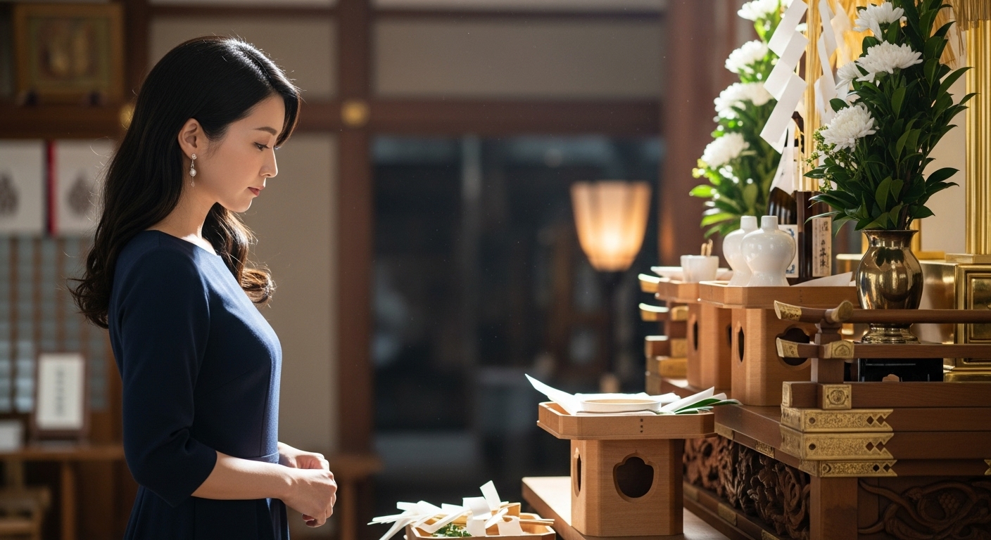 神棚の前で少し考え込む、悩んでいる様子の30代の日本人女性
