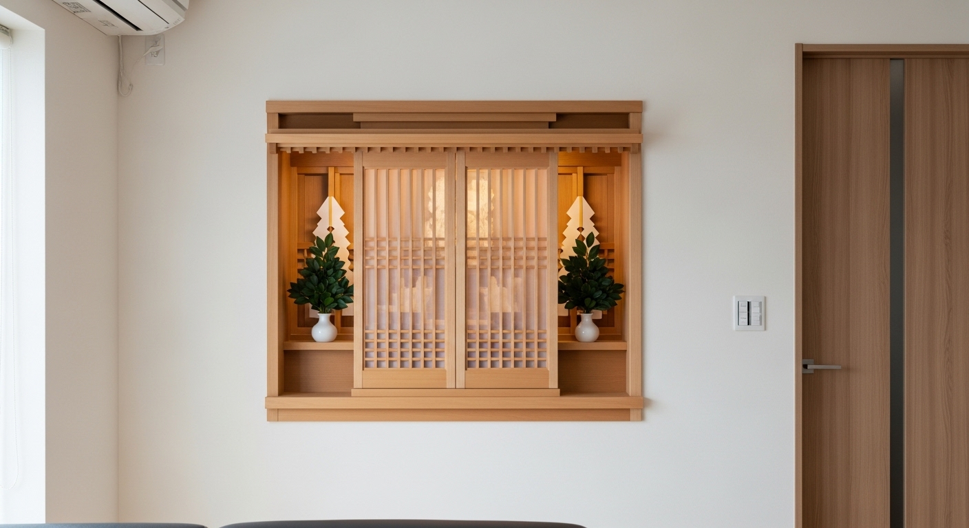 Subject: 現代的なリビングルームの壁に設置された、木製の美しい「箱宮（はこみや）」タイプの神棚。 Action: 前面の扉や格子が半透明またはすだれ状になっており、内部の御札がうっすらと上品に見え隠れしている。神聖さを保ちつつ、インテリアに溶け込んでいる様子。 Mood: 静寂、調和、モダン、清潔感、安心感。 Lighting: 柔らかな間接照明が神棚を優しく照らし、落ち着いた雰囲気を醸し出している。 Style: 建築雑誌のような高画質インテリアフォト。16:9。