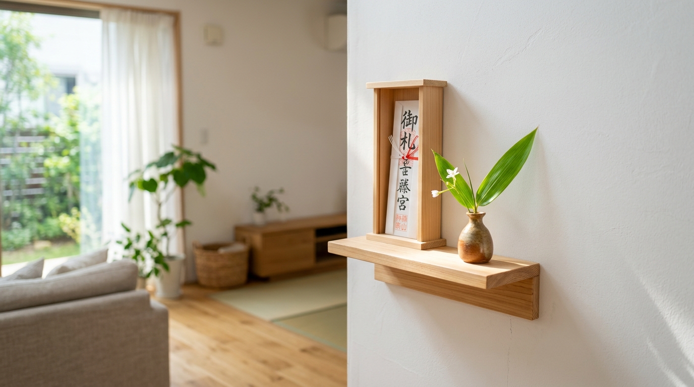 現代的なリビングの壁に設置された、シンプルで清潔感のあるモダンな神棚