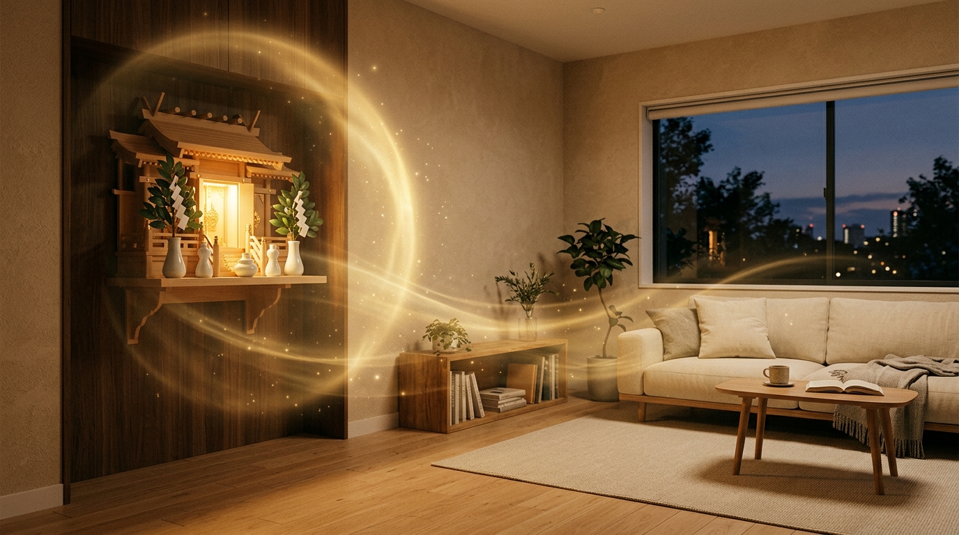 神棚から放たれる温かな光が部屋全体を包み込み、守護しているイメージ