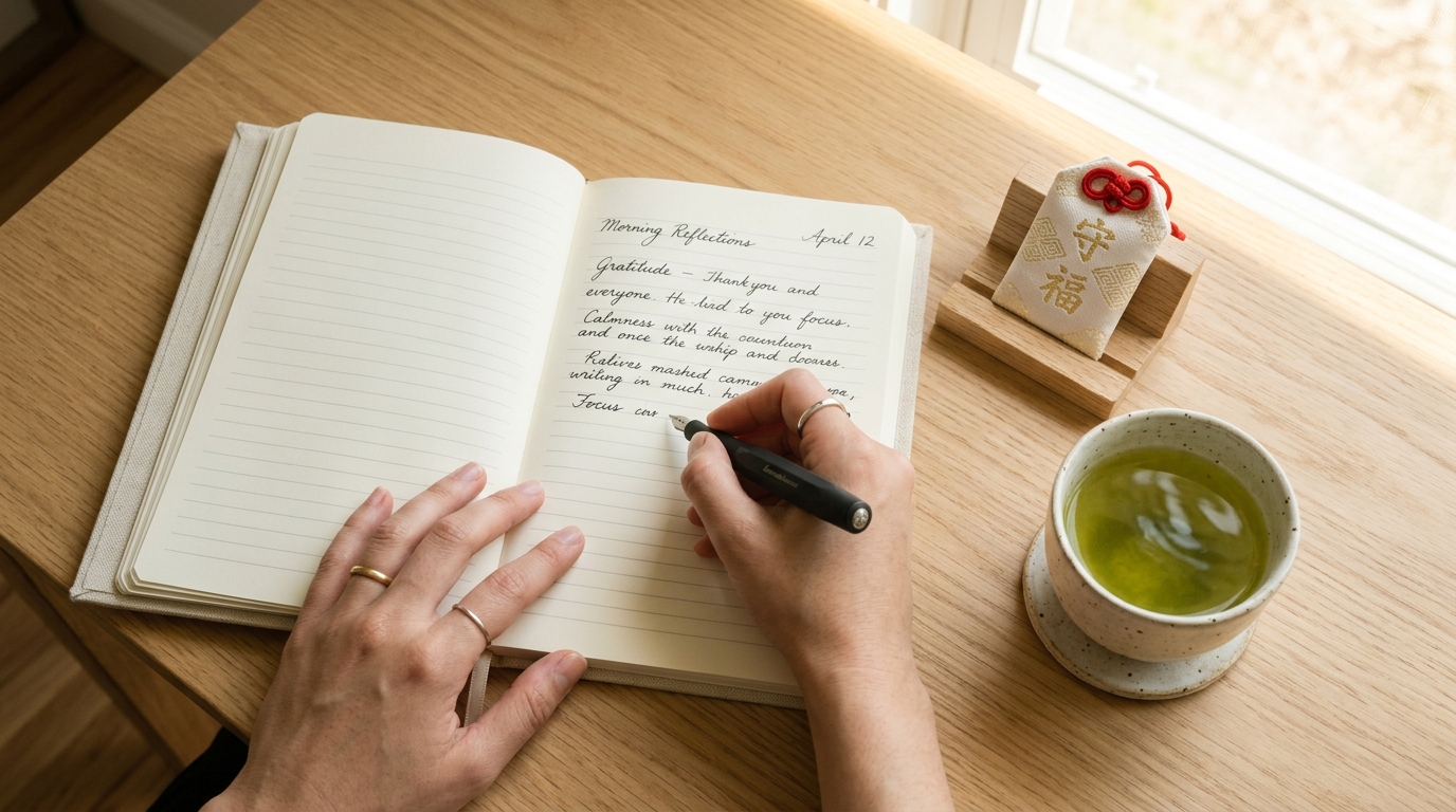 穏やかな朝の光の中で、自分の心と向き合いながら日記を書く様子