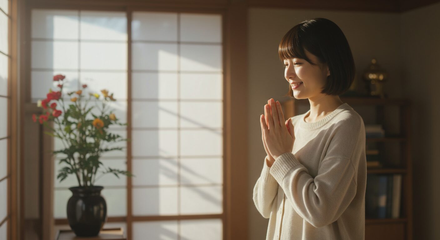 神棚の前で安心した表情で手を合わせる30代の女性