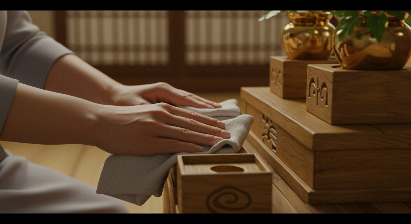 女性が神棚の周りを丁寧に拭き掃除している様子