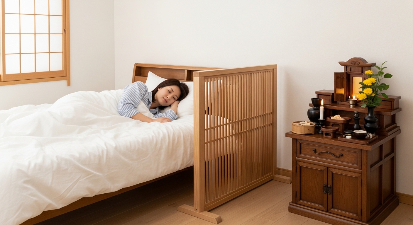 落ち着いた雰囲気の和モダンな寝室。30代の日本人女性が、安らかにベッドで眠っている。ベッドの足元と、部屋の隅に置かれた静かで美しい仏壇との間には、おしゃれな木製のパーテーション（衝立）がそっと置かれている。部屋全体が穏やかで敬意に満ちた空気に包まれており、「工夫次第で、穏やかな眠りとご先祖様への敬意は両立できる」という安心感が伝わる