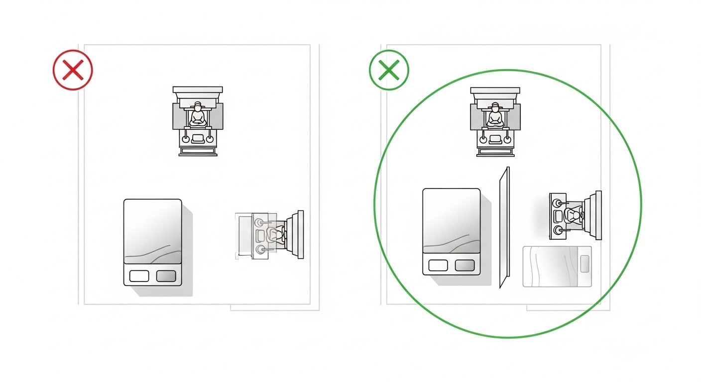 部屋のレイアウト図。ベッドが仏壇に足を向けているNG例（バツ印）と、ベッドの向きを変えたり、パーテーションを置いたりして改善したOK例（マル印）を並べて、一目で解決策が分かるような、シンプルでおしゃれなイラスト