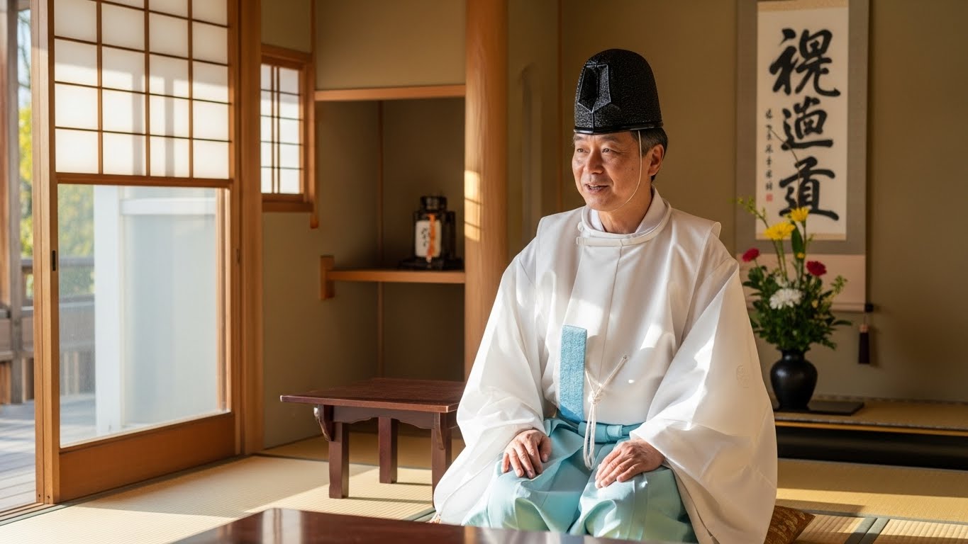 神棚と観葉植物について解説する神主のイメージ