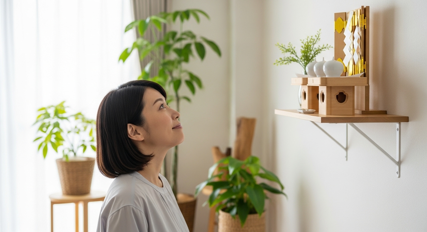 マンションの明るいリビングで、壁に設置したおしゃれな神棚を安心した表情で見上げる30代の日本人女性