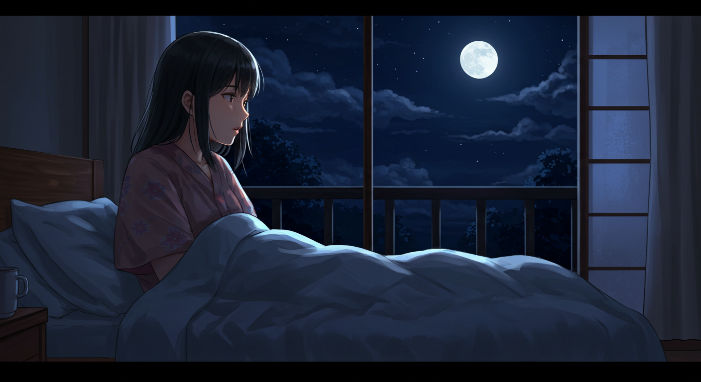 夜、ベッドに入った若い日本人の女性が、不安そうな顔つきから、ふと何かに気づいたように安心した表情に変わる瞬間。窓の外には優しい月が輝いている。ご先祖様の見えない守護を感じて、心が温かくなるようなイメージ。