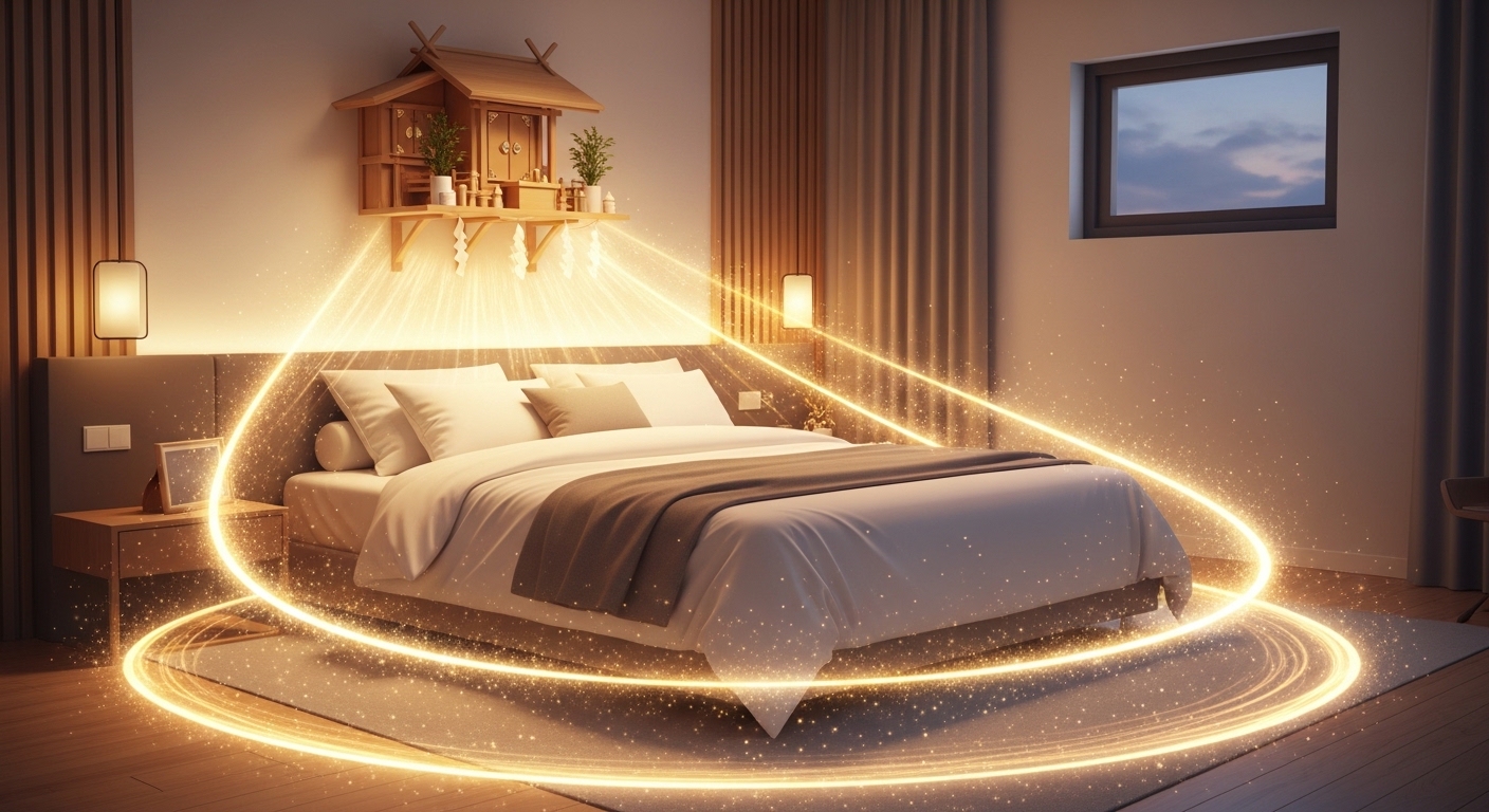 現代の寝室に温かく祀られた神棚のイメージ図