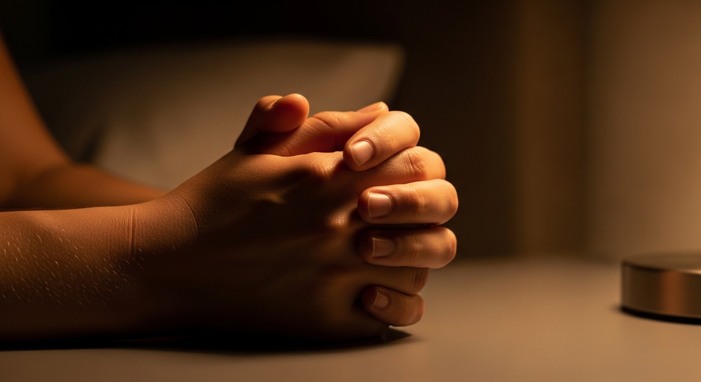 就寝前に心を込めて手を合わせ、感謝と安心を感じる様子