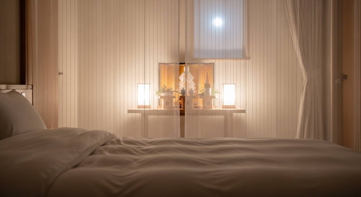 ベッドと神棚の間にカーテンを引き、穏やかに空間を区切っている寝室