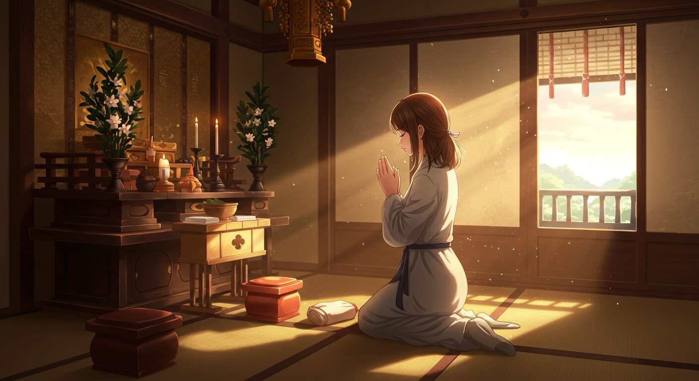 朝の光が差し込む部屋で、神棚に向かって清々しい表情で手を合わせている若い女性のイラスト。感謝と穏やかな気持ちが伝わるような、温かみのあるタッチ。