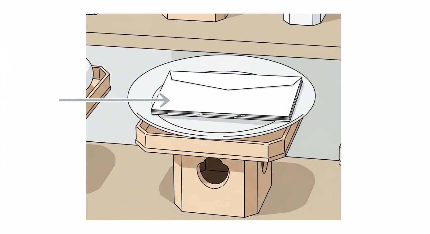 神棚のどこにお金を置けば良いか一目でわかる、シンプルなイラスト図解。お皿や三宝の上に、白いポチ袋に入ったお金を置く様子