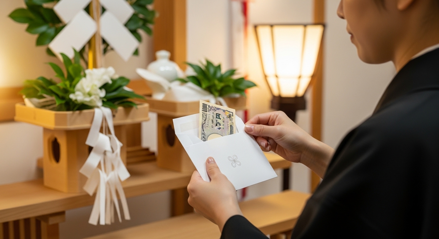 清々しい雰囲気の神棚の前で、きれいな新札を丁寧に白いポチ袋に入れている日本人の手元。感謝の気持ちが伝わるような丁寧な所作