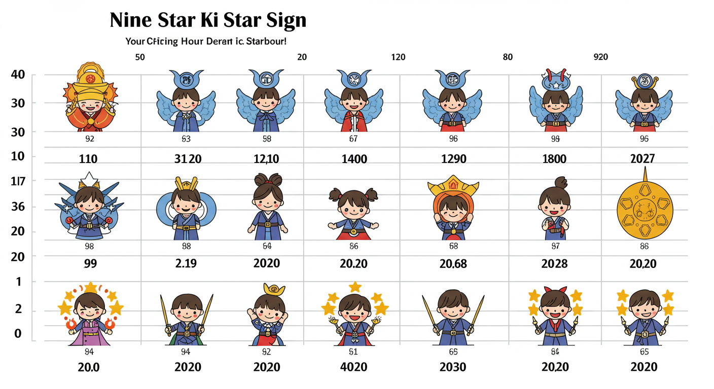 九星気学の本命星が生まれた年から一目でわかる、シンプルで見やすい早見表。カラフルで親しみやすいデザイン。