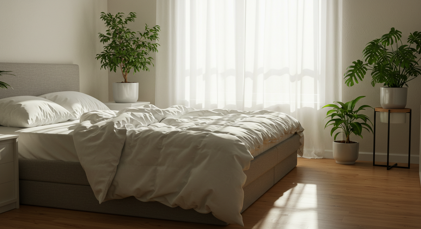 朝日が差し込む、清潔で整頓された心地よさそうな寝室。ベッドメイキングがされており、観葉植物が置かれている。見ているだけで気持ちがリフレフレッシュされるような、明るく爽やかな写真。