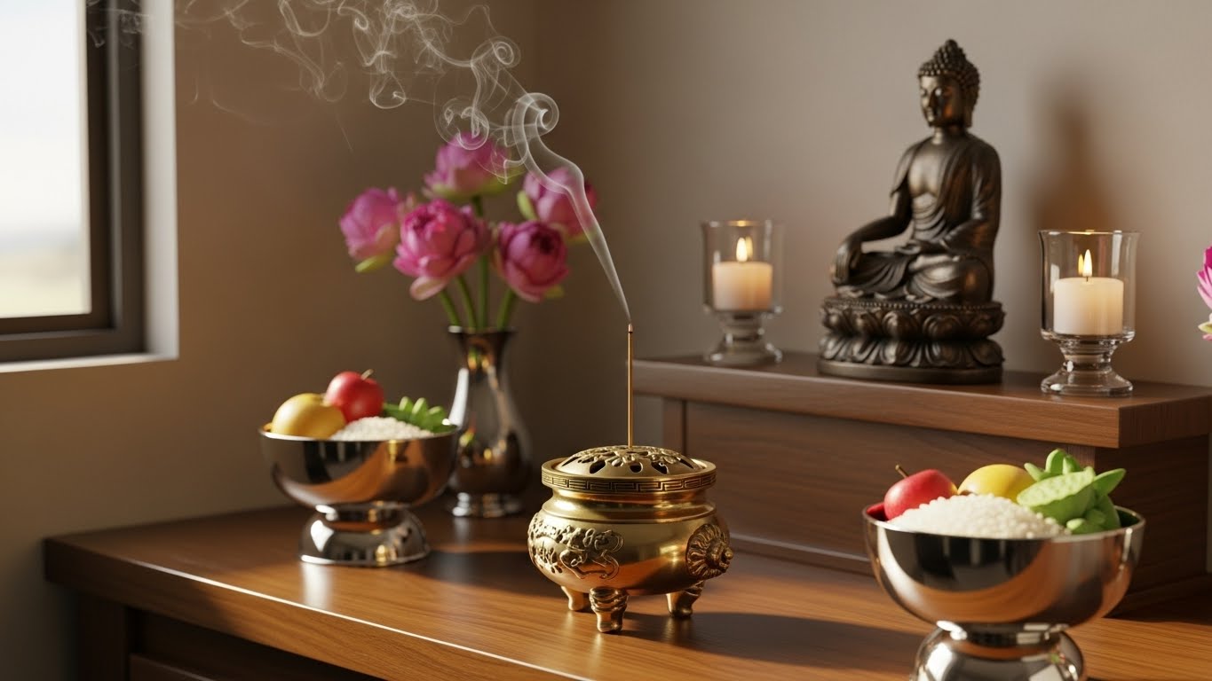 整えられた仏壇とお香の煙