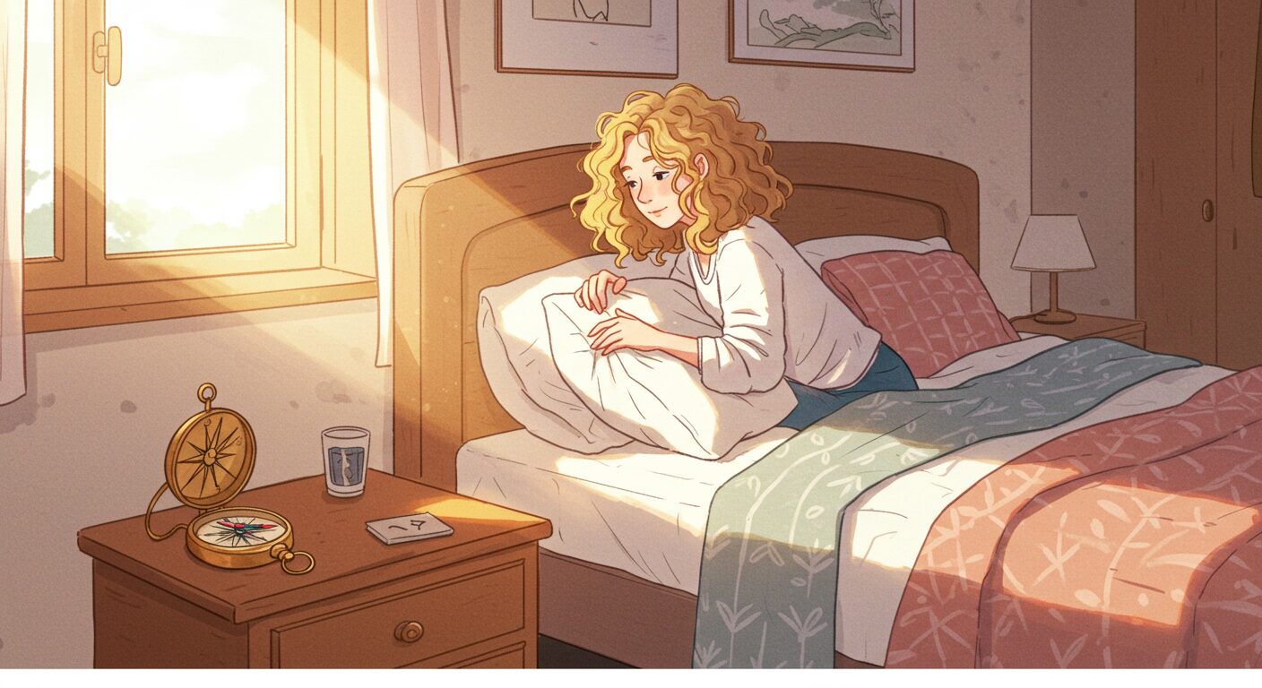 枕の向きを変えるイメージ（ベッドと方角のイラスト）