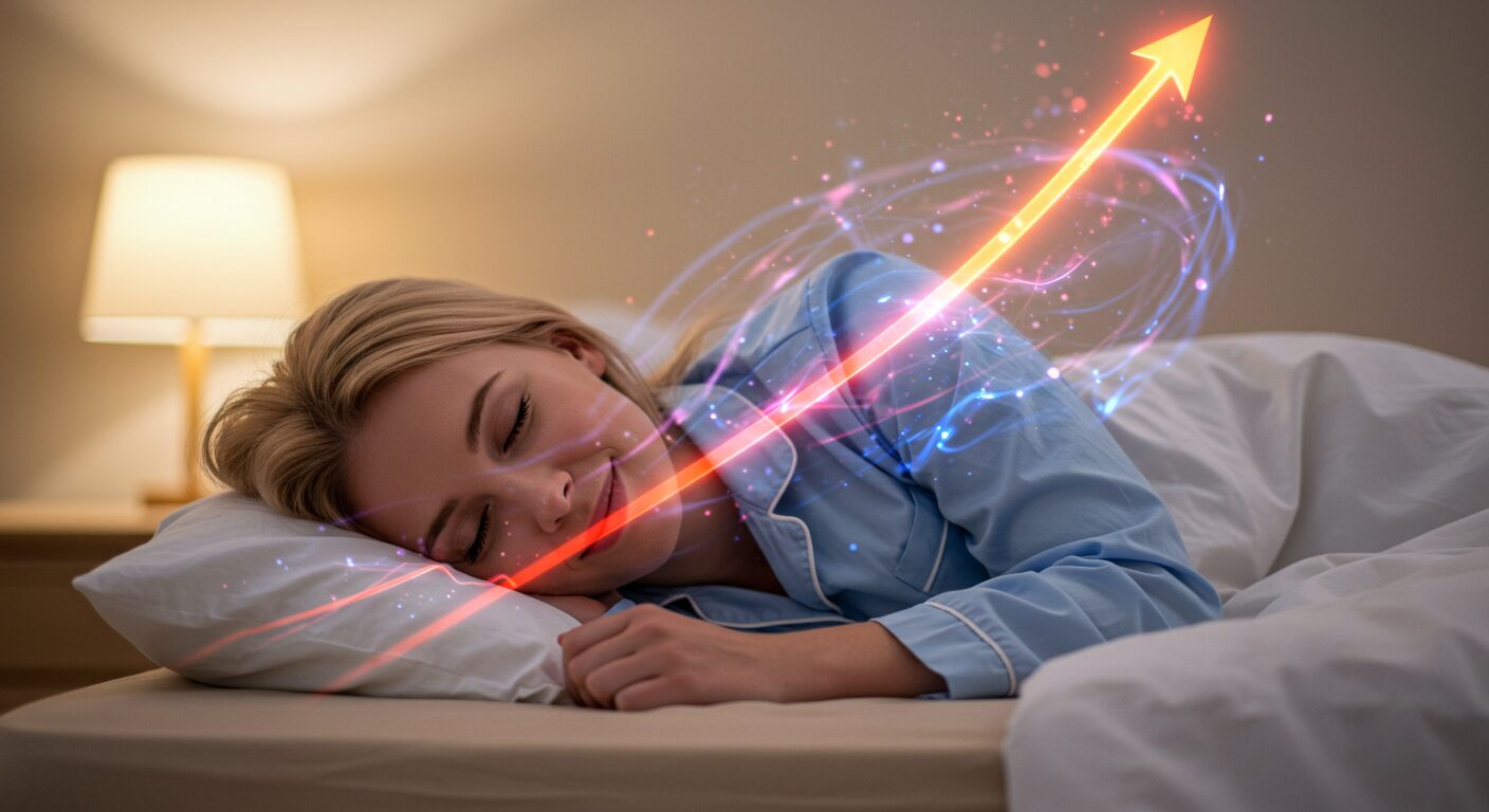 気持ちよく眠る女性と上がる運気をイメージしたイラスト