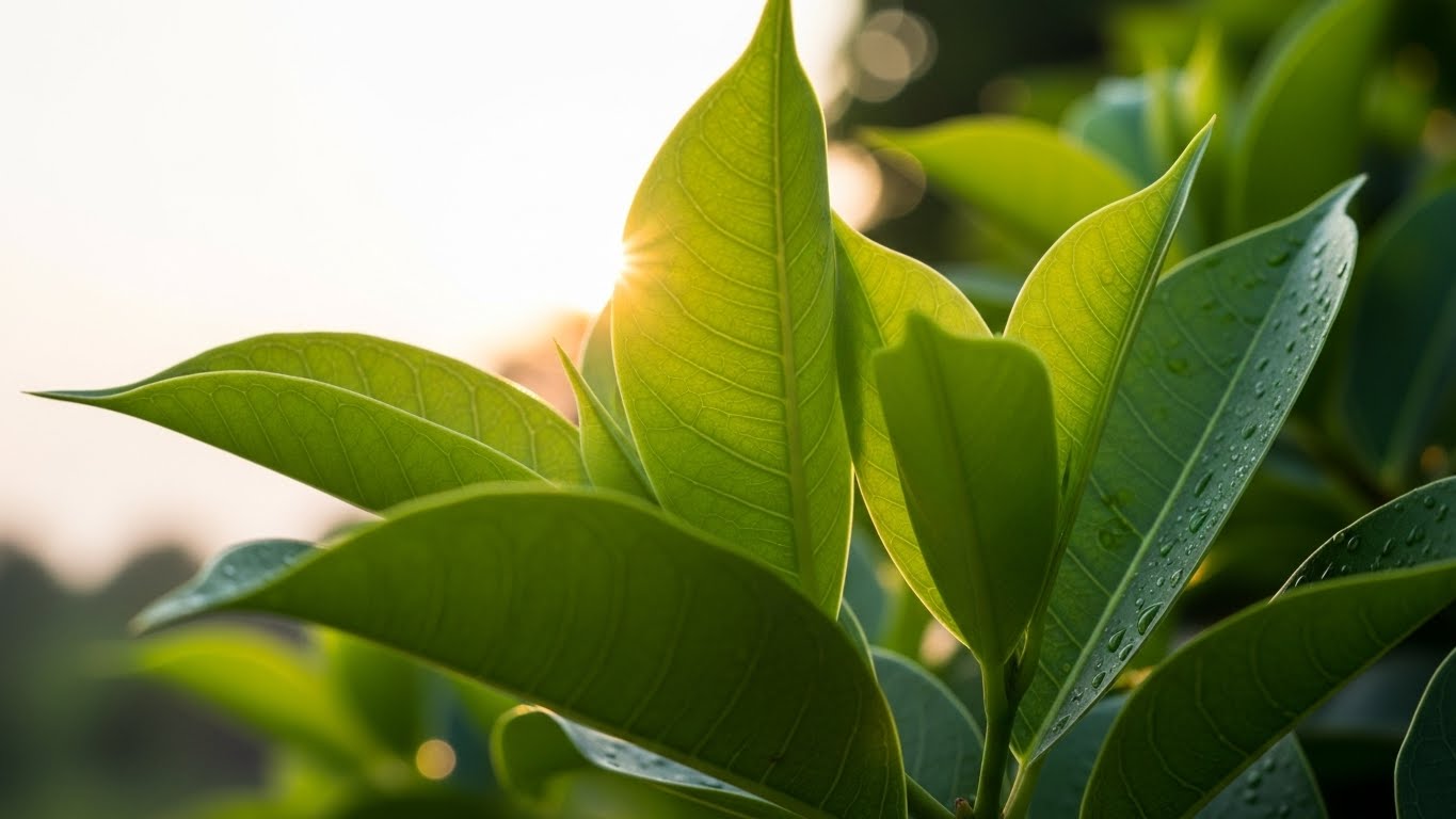 邪気を払う鋭い剣のような形をした榊の葉