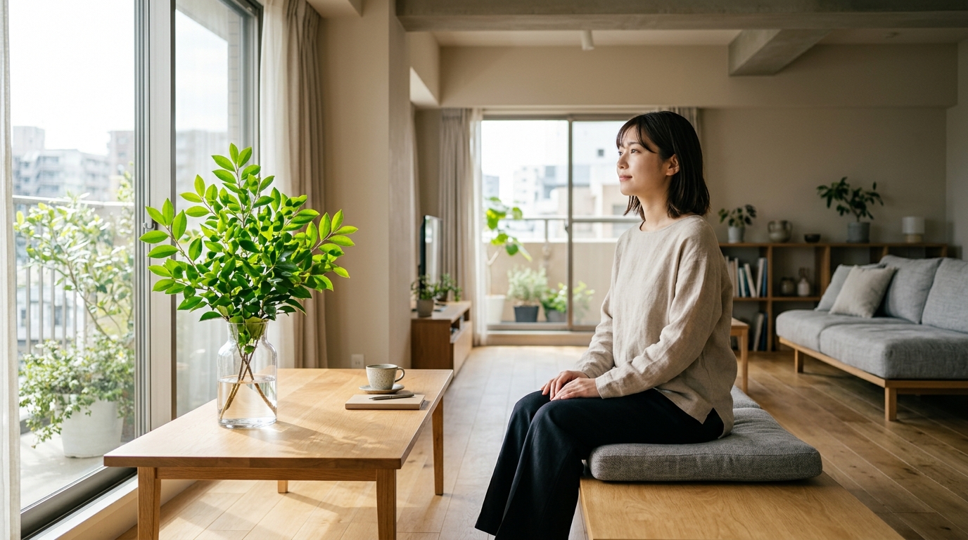 モダンな部屋に飾られた鮮やかな緑の榊と、リラックスする20代の日本人の様子