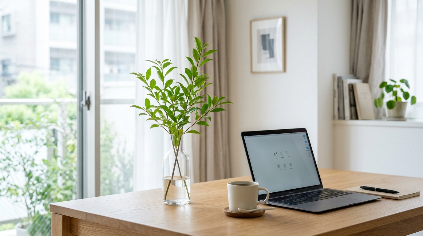 デスクの上に置かれた、ガラスベースに入ったモダンでおしゃれな榊