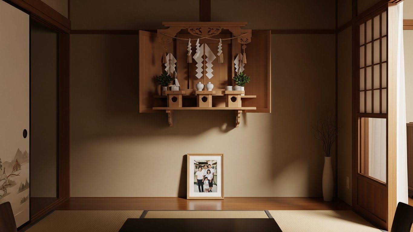神棚の下に家族写真が置かれているNG例