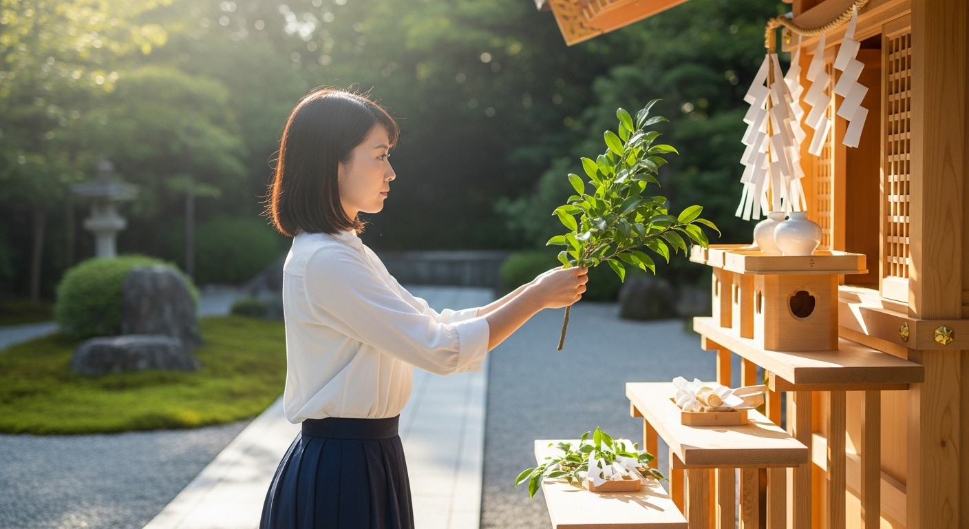 朝日の中で、きれいな神棚に新しい榊を供える30代の日本人女性。その横顔は真剣でありながらも穏やかで、感謝の気持ちが伝わってくる。神棚周りは整理整頓され、清浄な空気に満ちている。画像全体は明るく、少し神々しい光が差し込んでいるようなイメージ