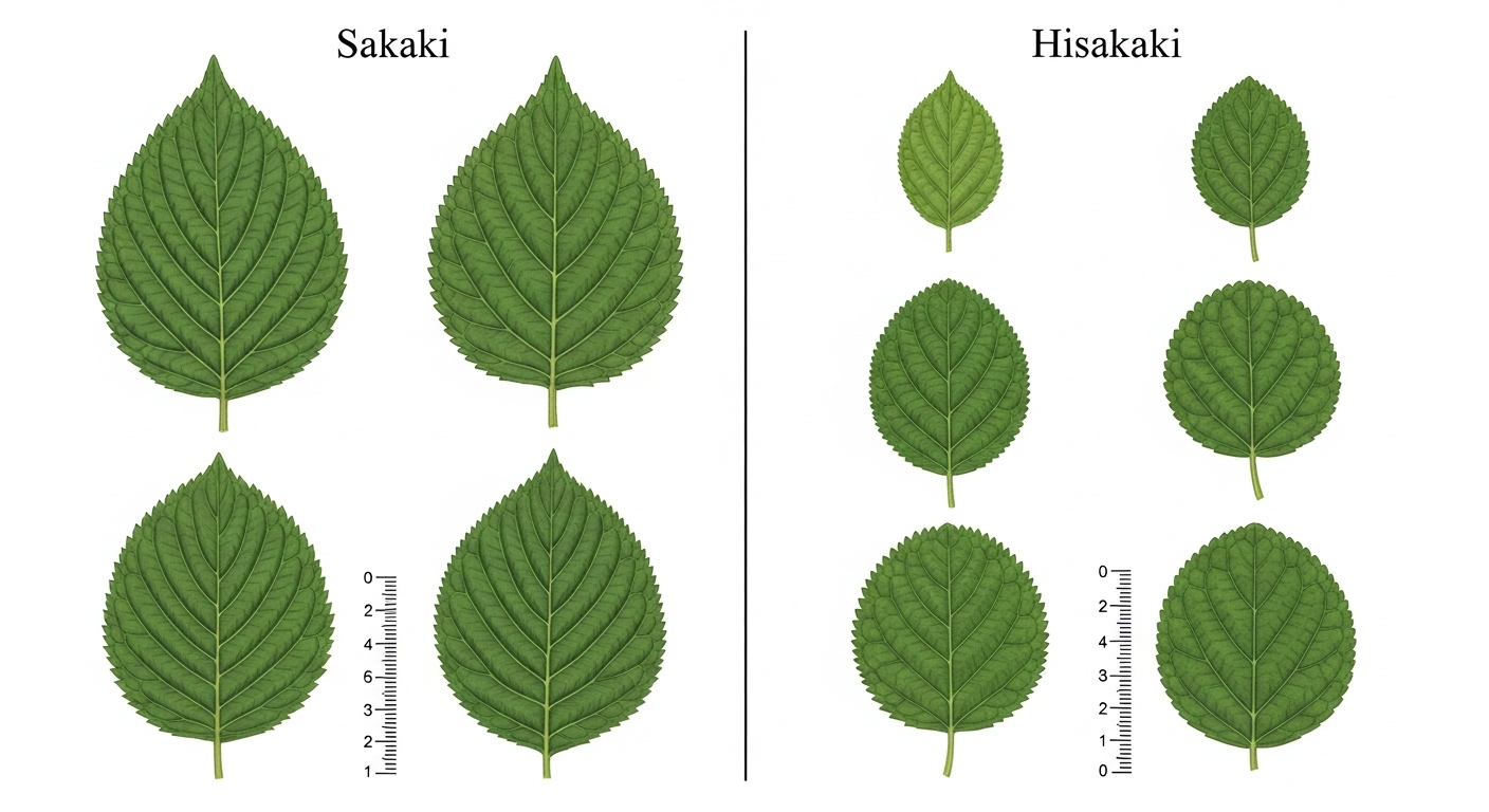 本榊とヒサカキの葉の形や大きさの違いがはっきりと分かるように並べた比較イラスト