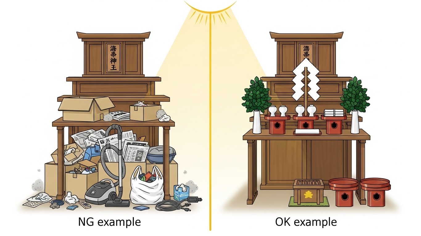 神棚の下に写真を置くNG配置と正しい配置の比較