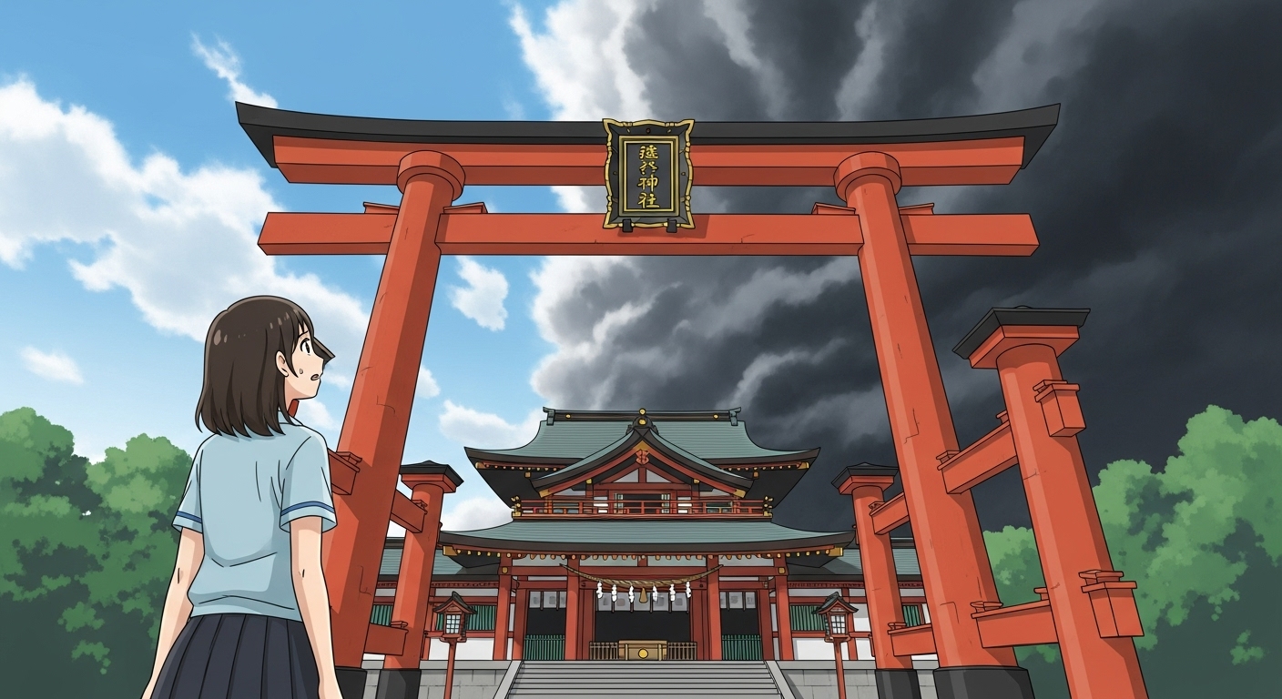 神社の大きな鳥居の前に、一人たたずむ若い日本人女性。彼女は不安と気づきの入り混じった表情で、神社の上の空を見上げている。彼女がいる場所の空は普通だが、鳥居の向こう側、神社の拝殿の上の空だけが暗く、渦を巻くような不穏な雲に覆われている。「神様が怒ること」をしてしまい、ご加護が失われつつあるスピリチュアルな瞬間を暗示する、ドラマチックで少し切ない雰囲気。美しいイラスト風